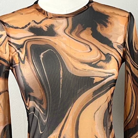 Zara Brown & Black Abstract Print Long Sleeve Sheer Bodysuit Size Medium - Picture 2 of 10